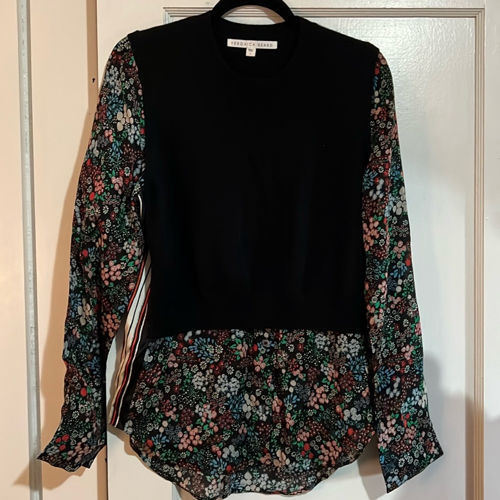 veronica beard two-fer crew neck cashmere sweater vest with floral silk blouse